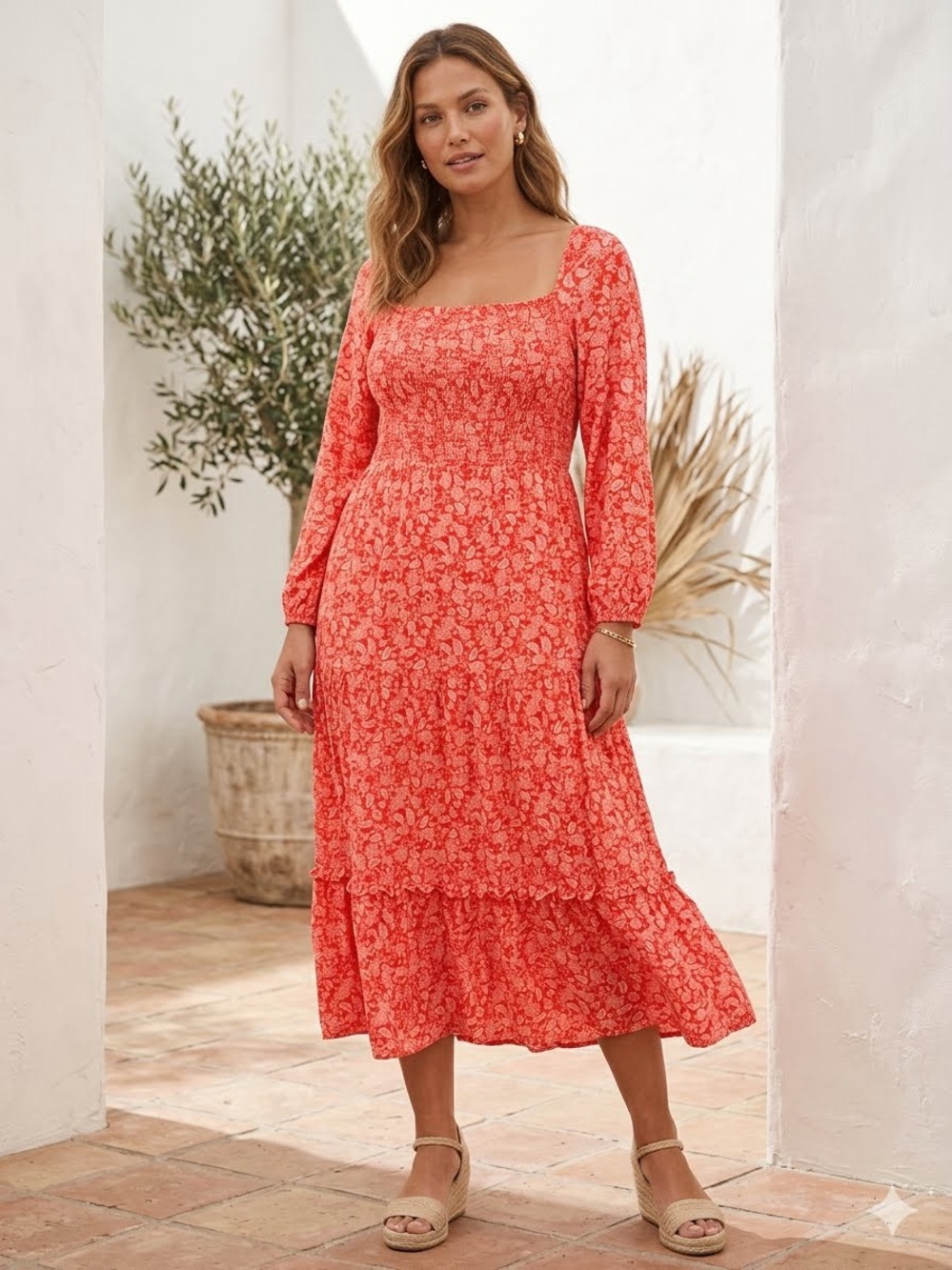 Anthropologie x Dolan Prairie Fairy Romantic Tiered Maxi Dress SM Orange Floral